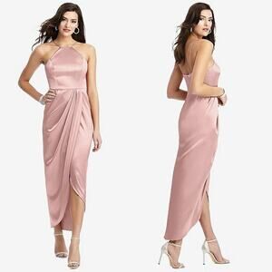 NWT AFTER SIX 6829 HALTER MIDI DRESS WITH DRAPED TULIP SKIRT Desert Rose size 6